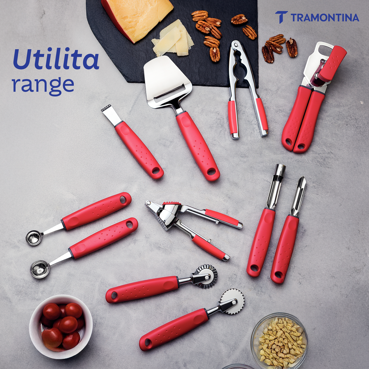 Red Tramontina India Utilita Pizza Cutter SS tool with stainless steel blade and comfortable handle for slicing pizza.