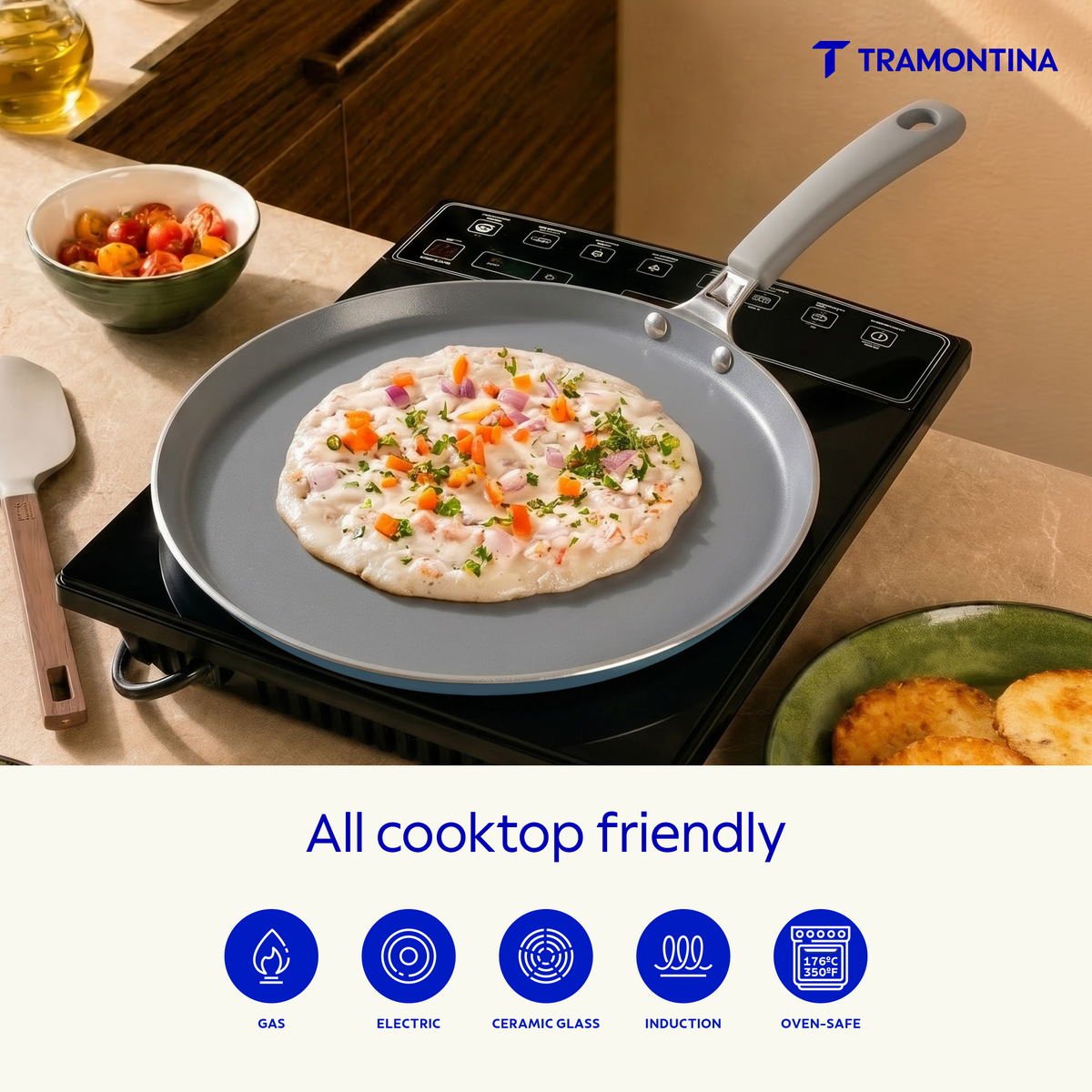 Tramontina Stella Dosa Tawa 28 cm blue non-stick skillet for making dosas and Indian flatbreads.