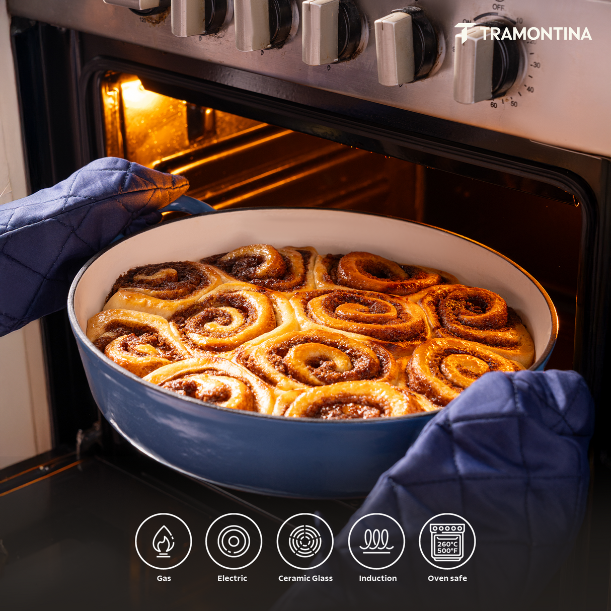 Tramontina India Bestow enameled cast iron round braiser in medium blue, 3.8L, with a lid and sturdy handles.