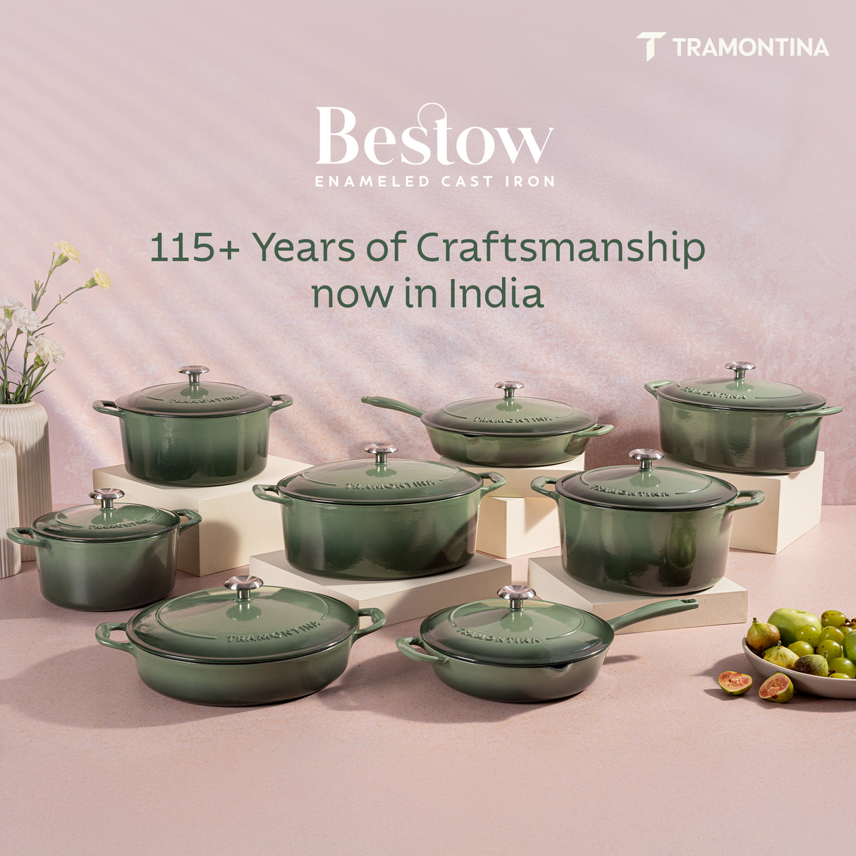 Tramontina India Bestow enameled cast iron round braiser in cactus green, 3.8L, with a sturdy handle and glossy finish.