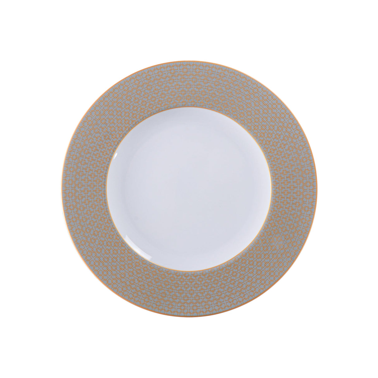 Decorated 28 cm Aurum porcelain dinner plate by Tramontina with intricate gold and floral design on a white background.