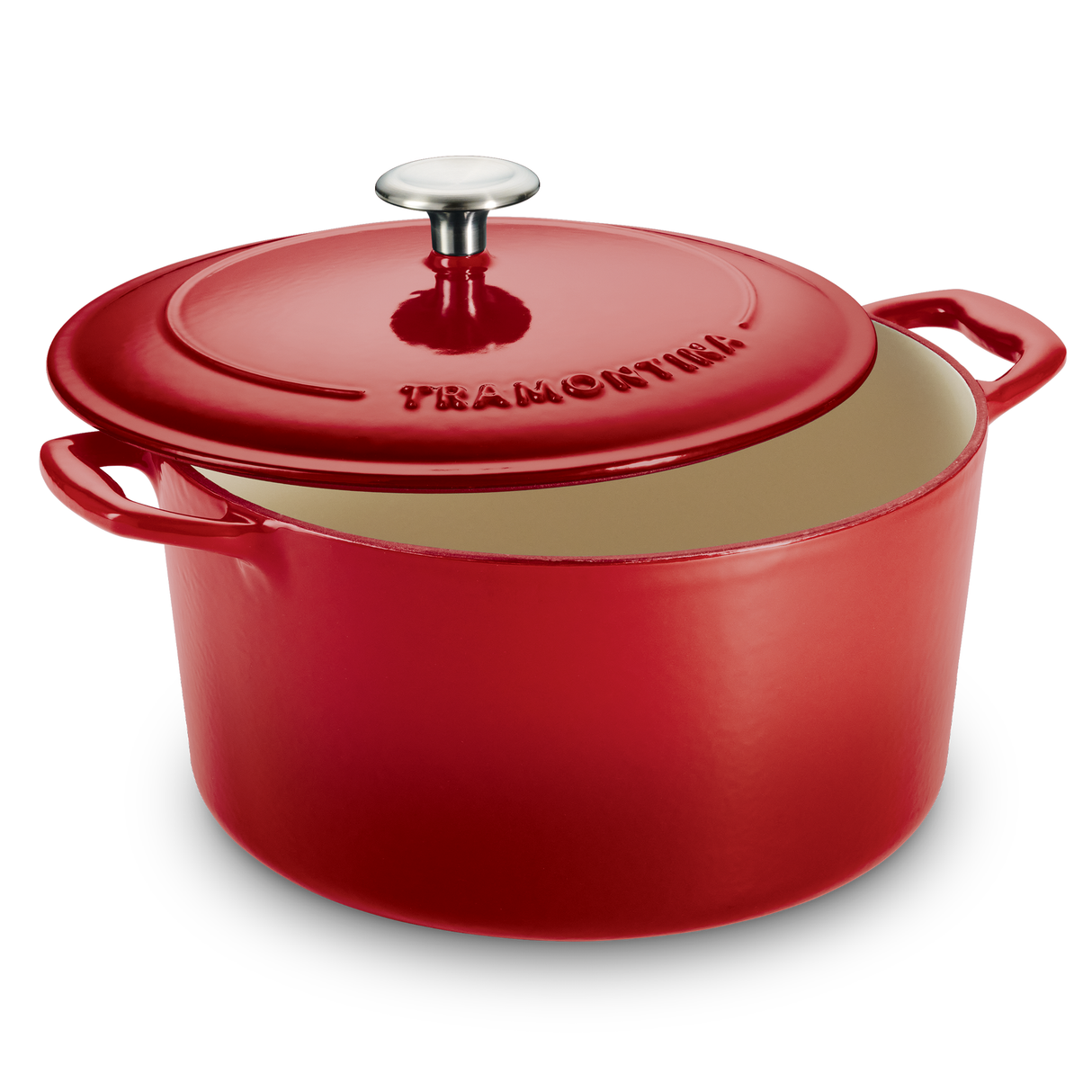 Tramontina India Bestow enameled cast iron round Dutch oven with lid, 5.2-liter capacity, ideal for casseroles and slow cooking.