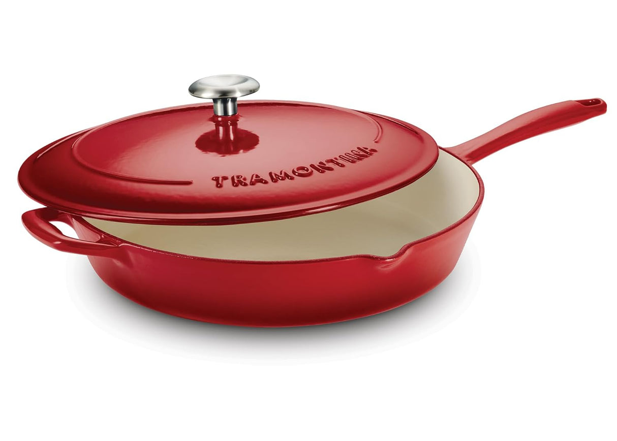 Tramontina India Bestow enameled cast iron 25cm red covered skillet for cooking and frying.