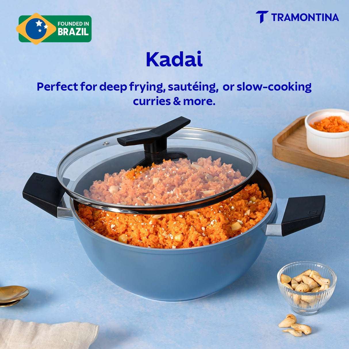 Aura Ceramic Reinforced Non-Stick Extra Deep Kadai with Lid – 28 cm/ 5.6L (Blueberry)