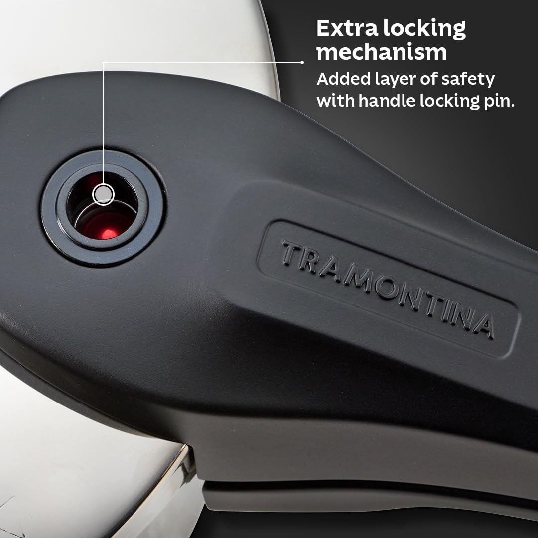 Tramontina India Aeion+ 1.5L triply pressure cooker with stainless steel body and locking lid, ready for cooking.