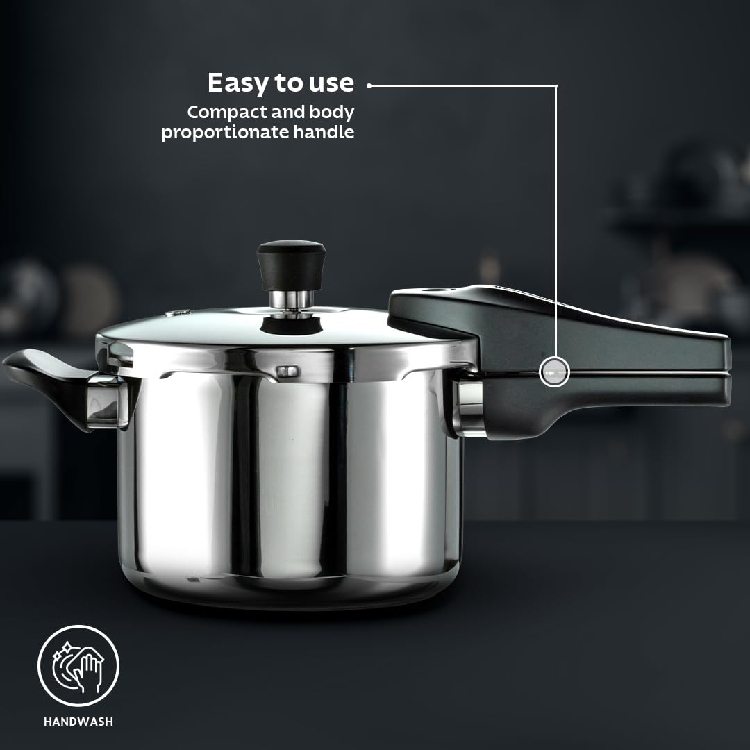 Tramontina India Aeion+ 1.5L triply pressure cooker with stainless steel body and secure lid, ready for cooking.