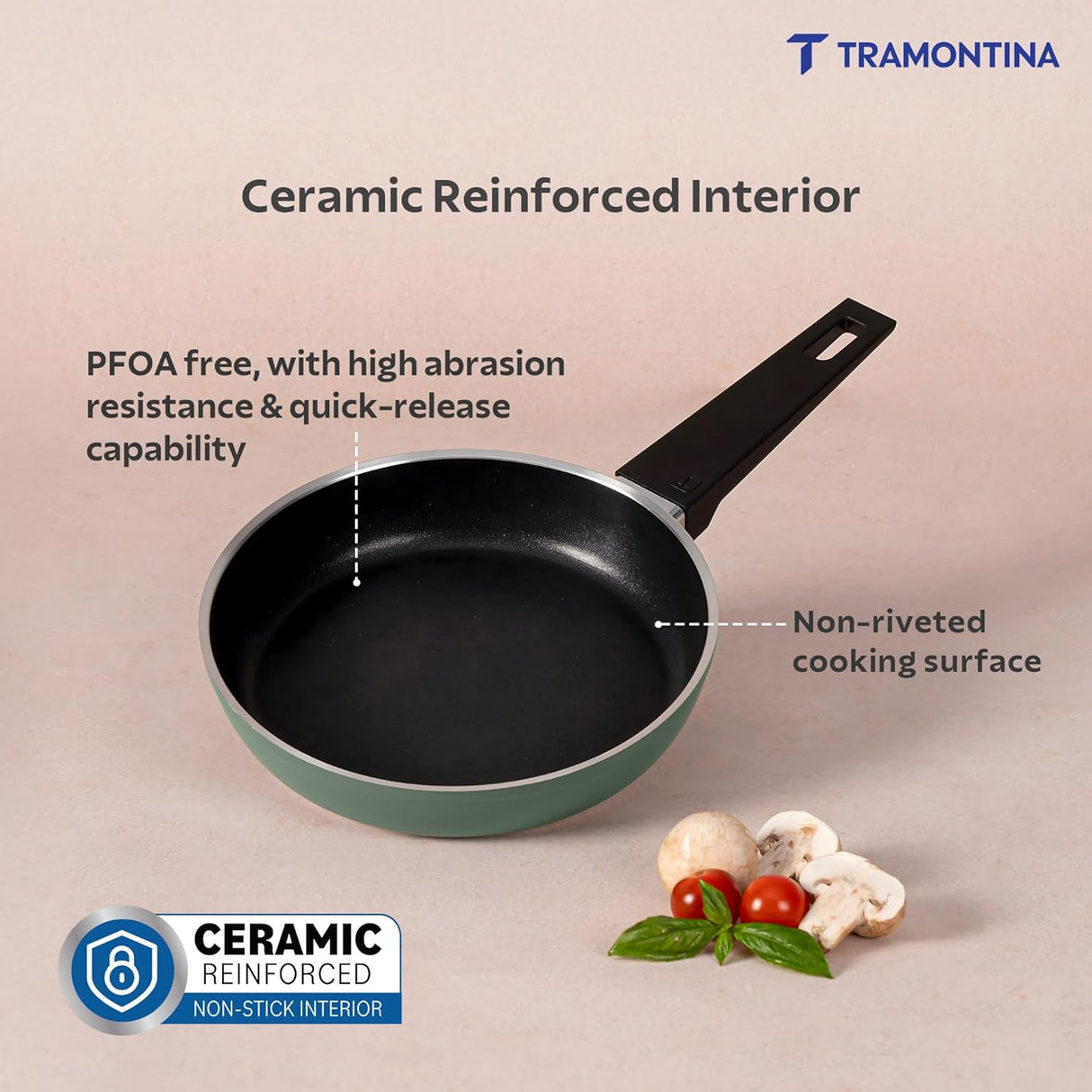 Tramontina India Aura 20cm non-stick fry pan in sea green with reinforced coating on a white background.