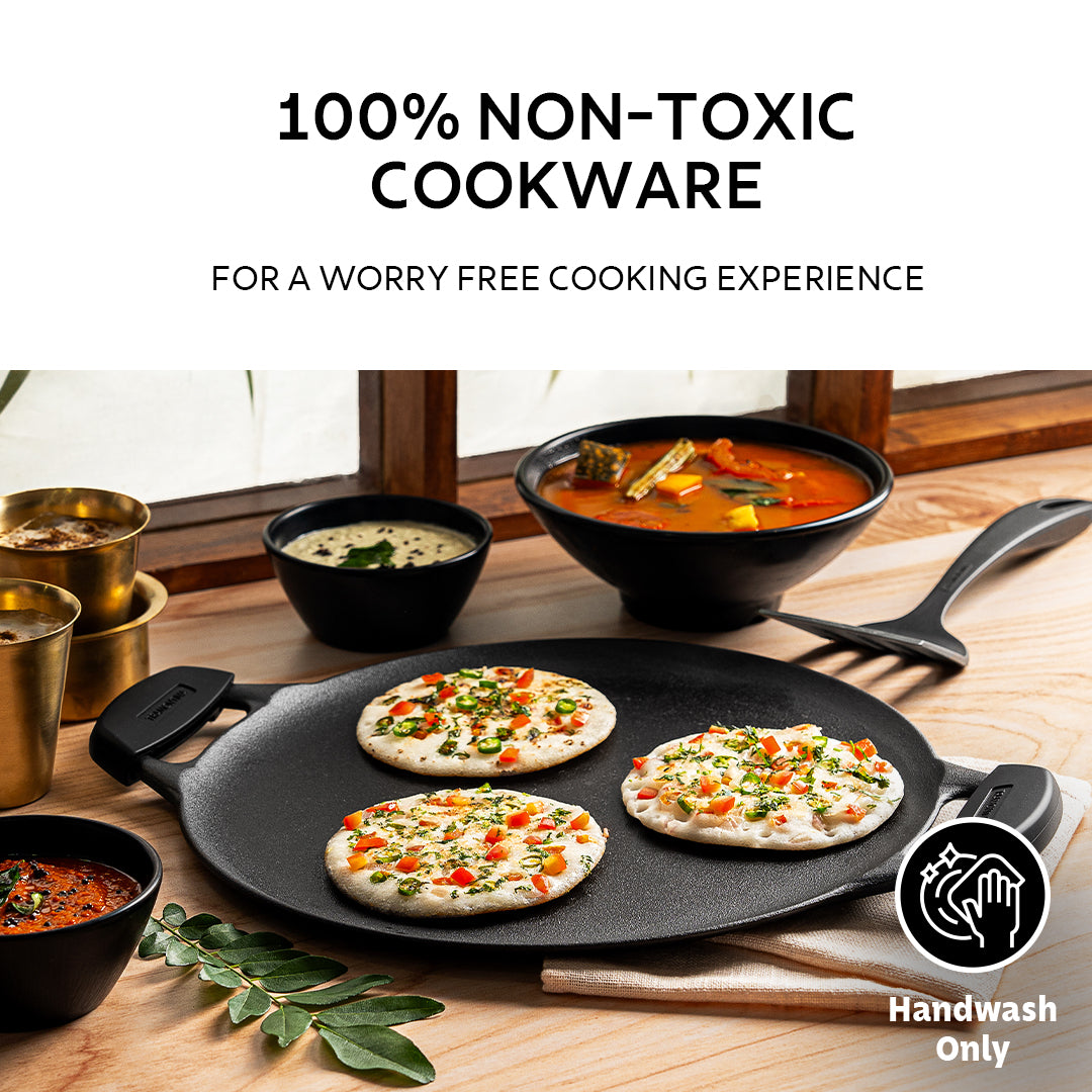 Titanex 30 cm Pre-Seasoned Cast Iron Flat Dosa Tawa with Dual Side Handles