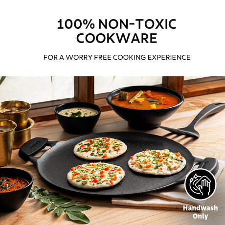 Titanex 30 cm Pre-Seasoned Cast Iron Flat Dosa Tawa with Dual Side Handles