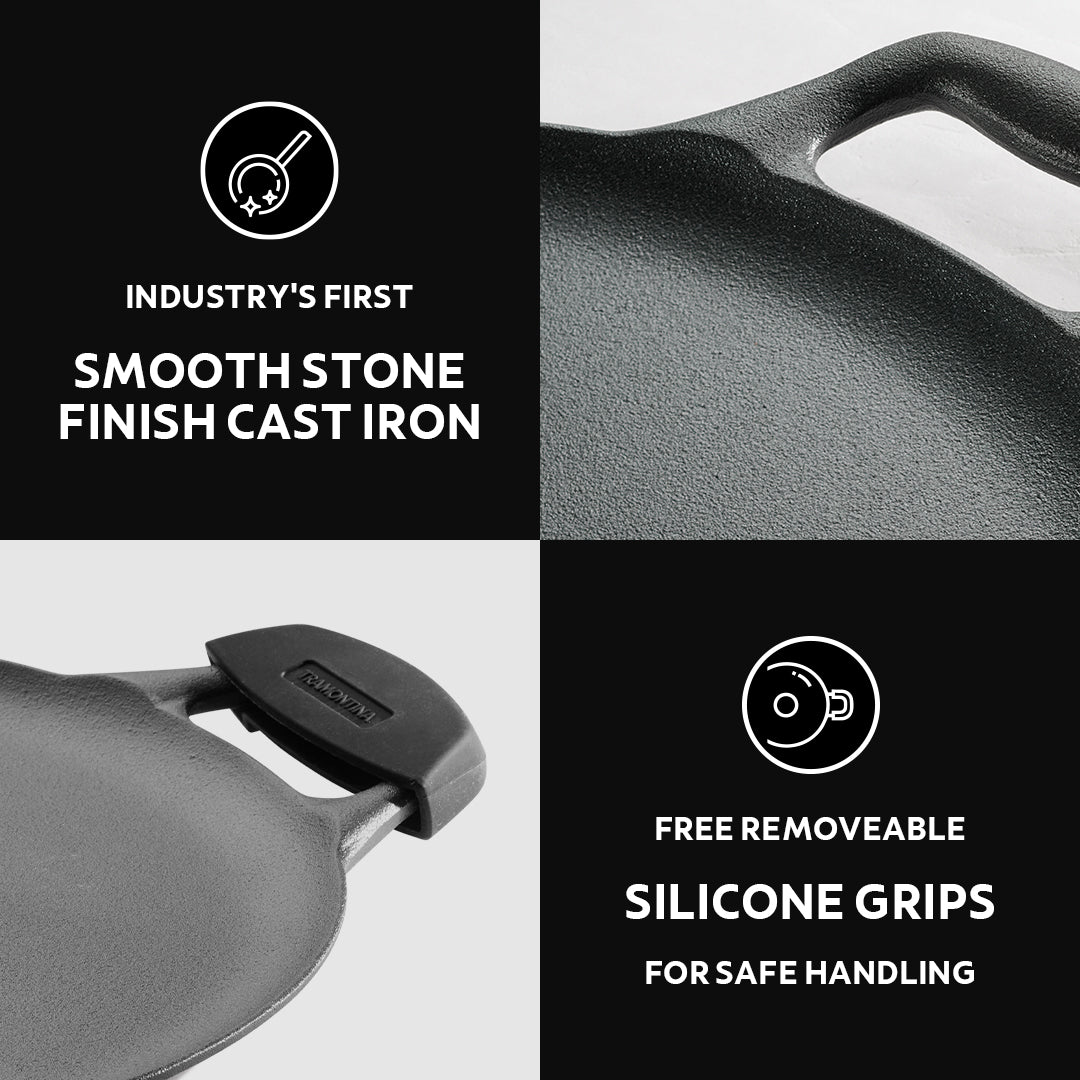 Titanex 30cm Pre-Seasoned Cast Iron Flat Dosa Tawa with Dual Side Handles