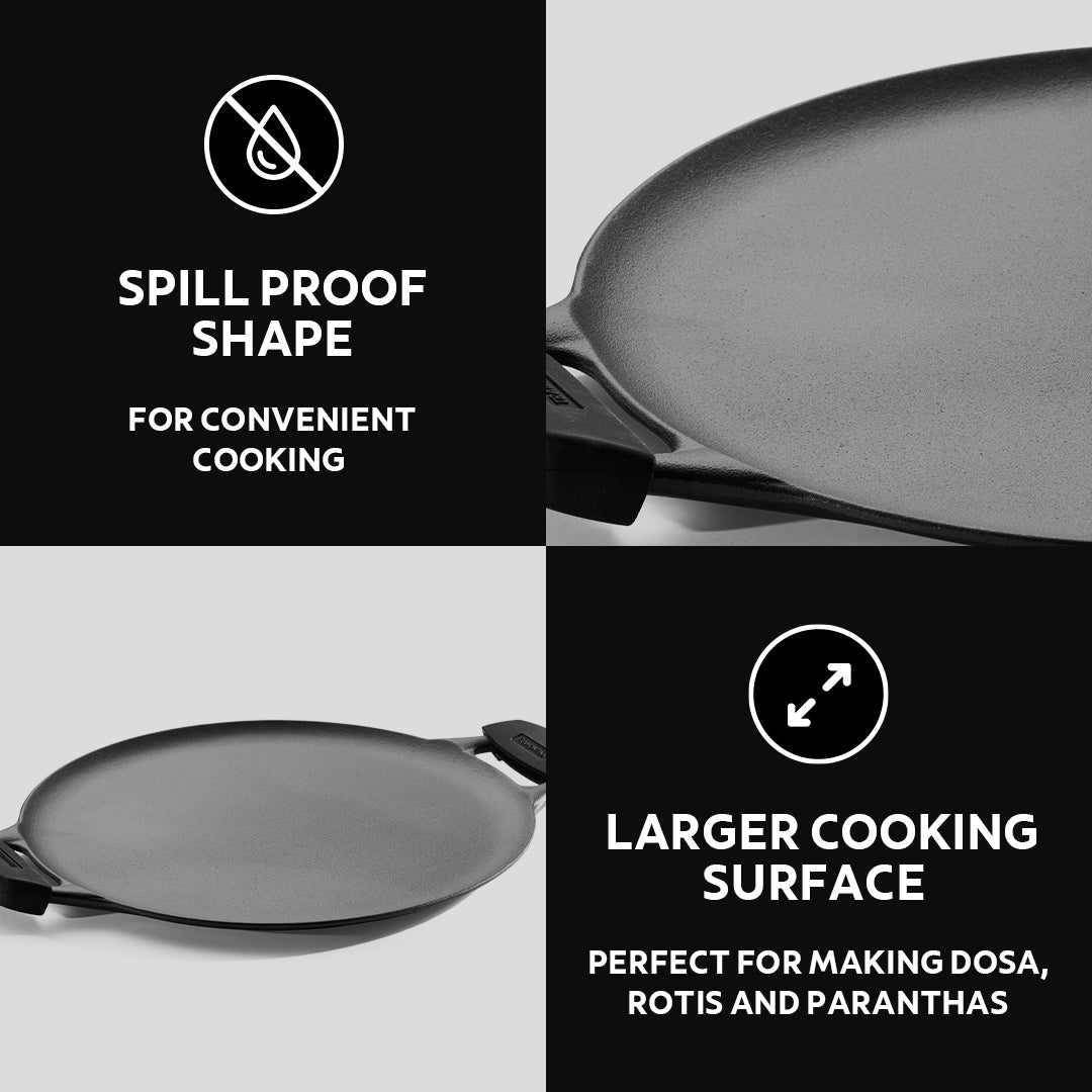Titanex 30 cm Pre-Seasoned Cast Iron Flat Dosa Tawa with Dual Side Handles