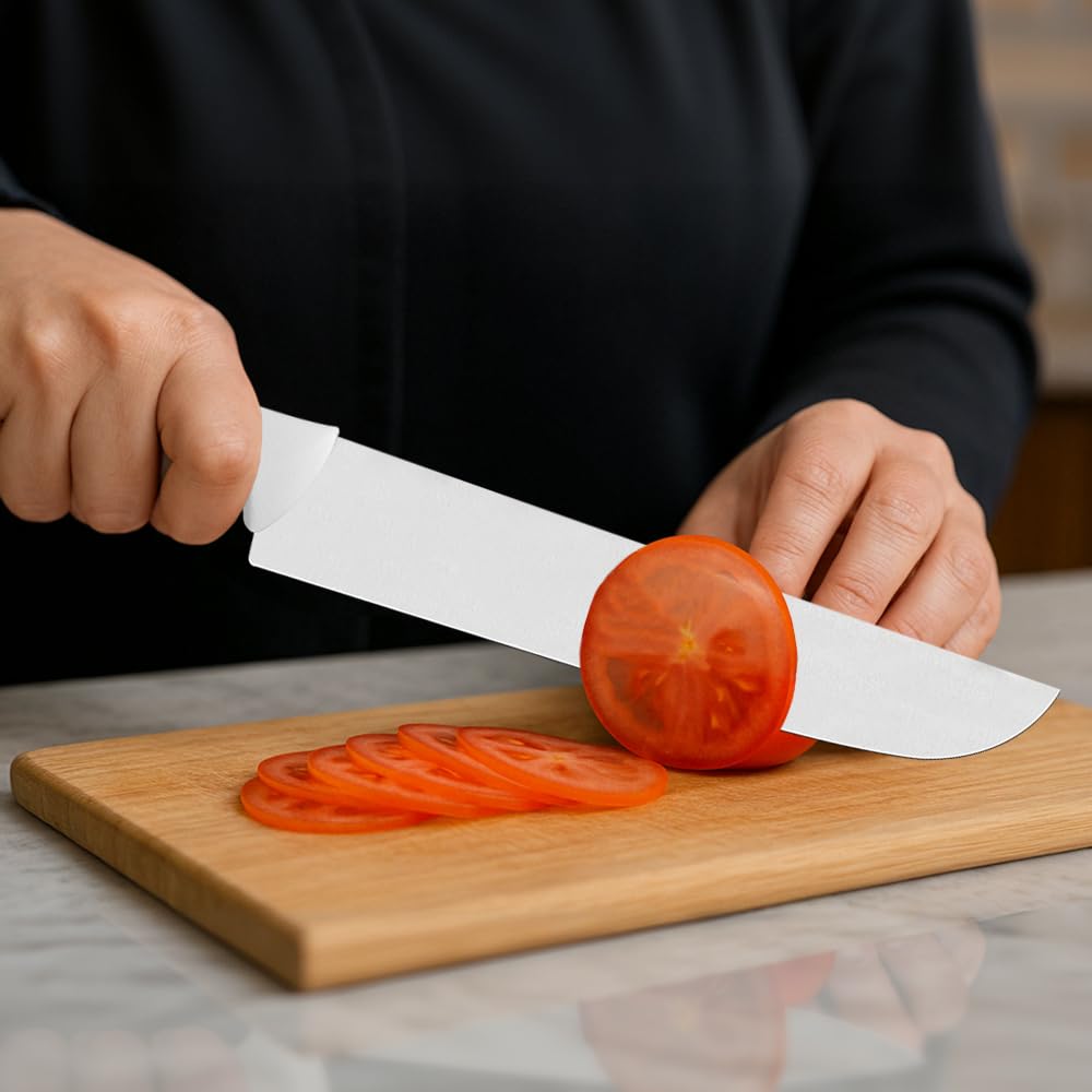 White 20cm Tramontina India chef knife with sharp stainless steel blade for precise cutting and culinary prep.