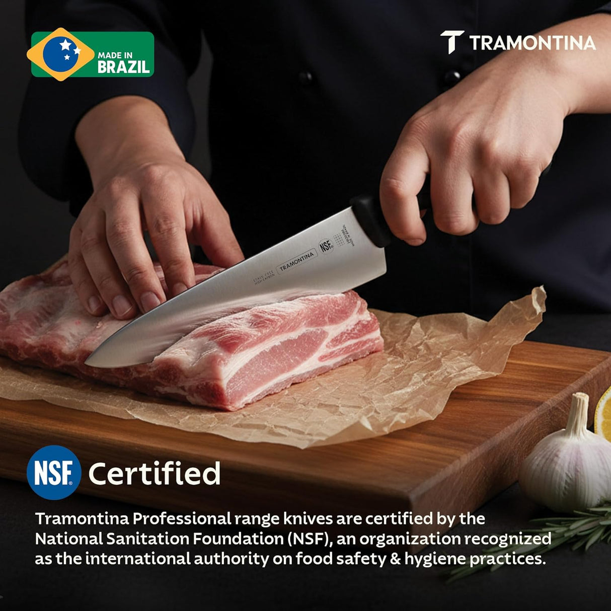 Black Tramontina India 25 cm professional chef knife with a sharp blade and ergonomic handle for precise meat cutting.