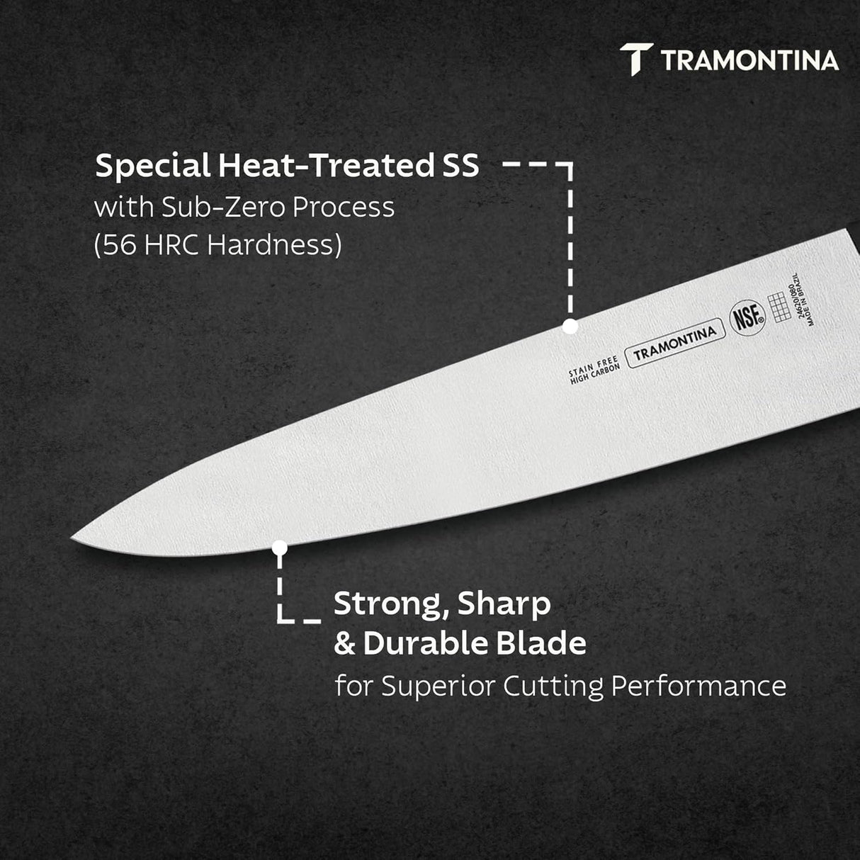 Black Tramontina India 25cm professional chef knife with a sharp, ergonomic handle and stainless steel blade for precise cutting.