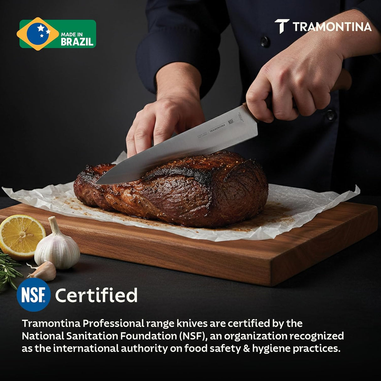 Tramontina India 25cm brown professional chef knife with a sharp blade, ideal for slicing and chopping in the kitchen.