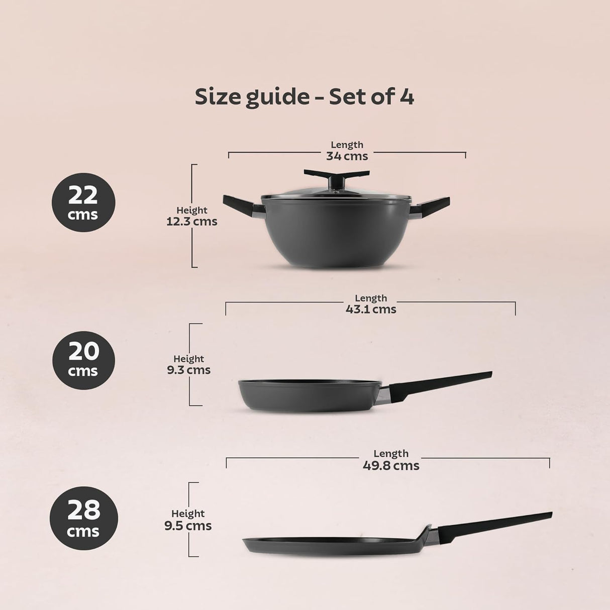 Set of four Tramontina India cookware including a 20cm fry pan, 28cm dosa Tawa, and 22cm Kadai in grey, all forged Chroma CK series.