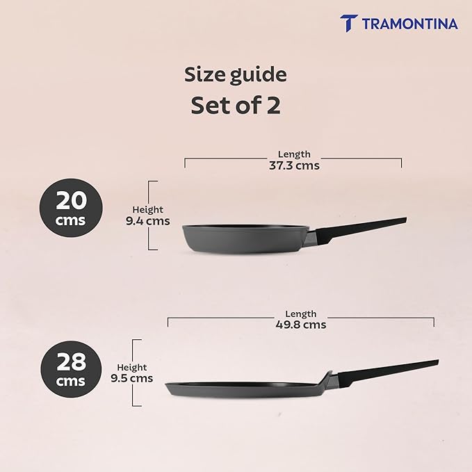 Tramontina India Chroma Forged cookware set with 20cm fry pan and 28cm Dosa Tawa in grey, showcasing their non-stick surfaces and handles.
