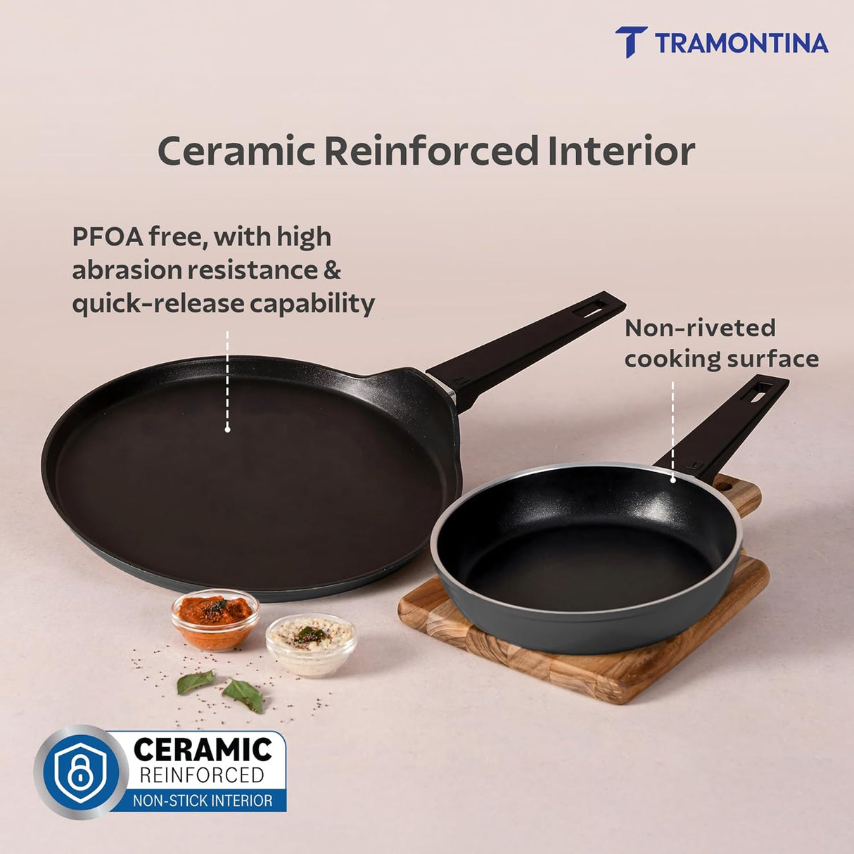 Tramontina India Chroma Forged cookware set with 20cm fry pan and 28cm dosa tawa in grey, shown with handles and non-stick surfaces.
