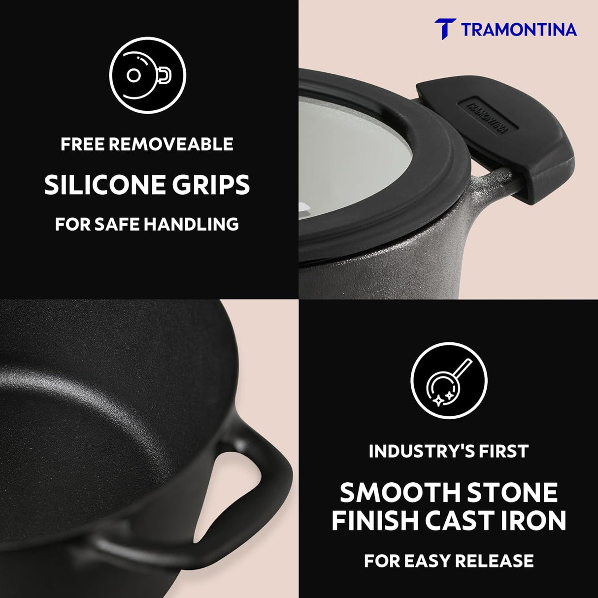 Tramontina India 20cm pre-seasoned cast iron casserole with heat-resistant silicone grip and 3.1L capacity.