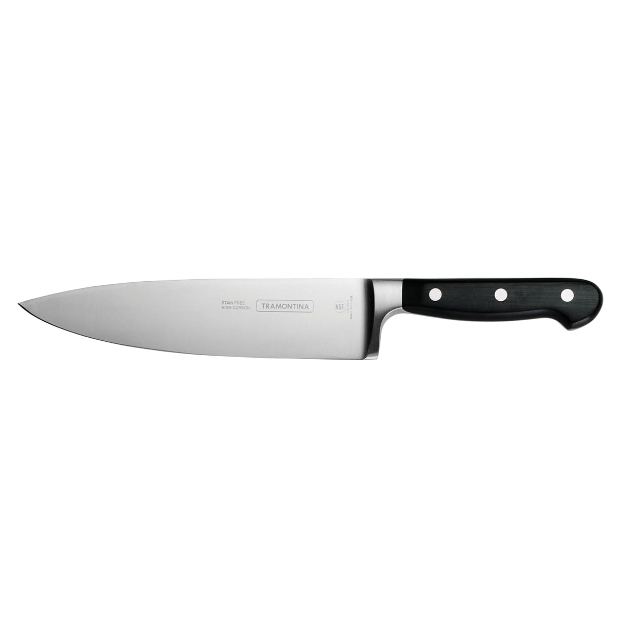 Century Chefs Knife 20 cm Tramontina India, black stainless steel kitchen knife with ergonomic handle for precise cutting.