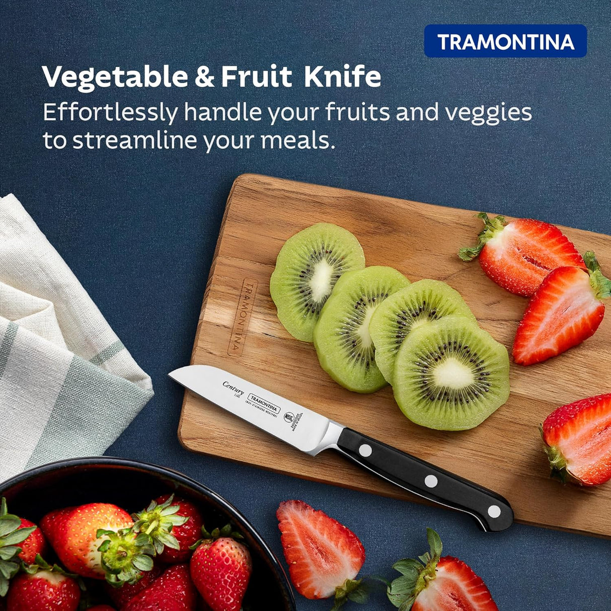 Century stainless steel vegetable and fruit knife by Tramontina India, 3-inch blade, with a sleek handle for precise cutting.