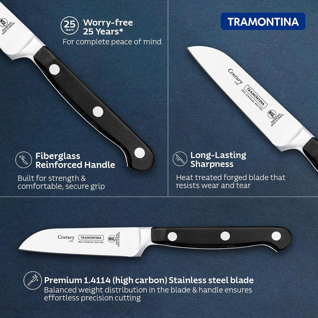 Century stainless steel 3-inch vegetable and fruit knife by Tramontina India, with a sharp blade and ergonomic handle.