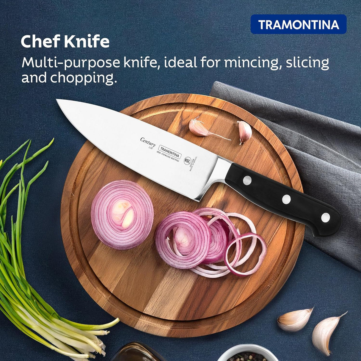 Century stainless steel chef knife, 6-inch Tramontina India kitchen knife with a sharp blade and ergonomic handle.