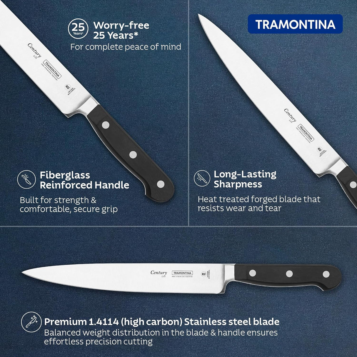 Century stainless steel utility knife, 6-inch Tramontina India knife with a sharp blade and ergonomic handle for versatile cutting.