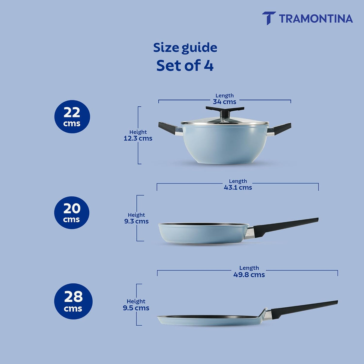 Set of four Tramontina India Chroma Forged CK cookware including 20cm fry pan, 28cm dosa tawa, and 22cm kadai in blue.