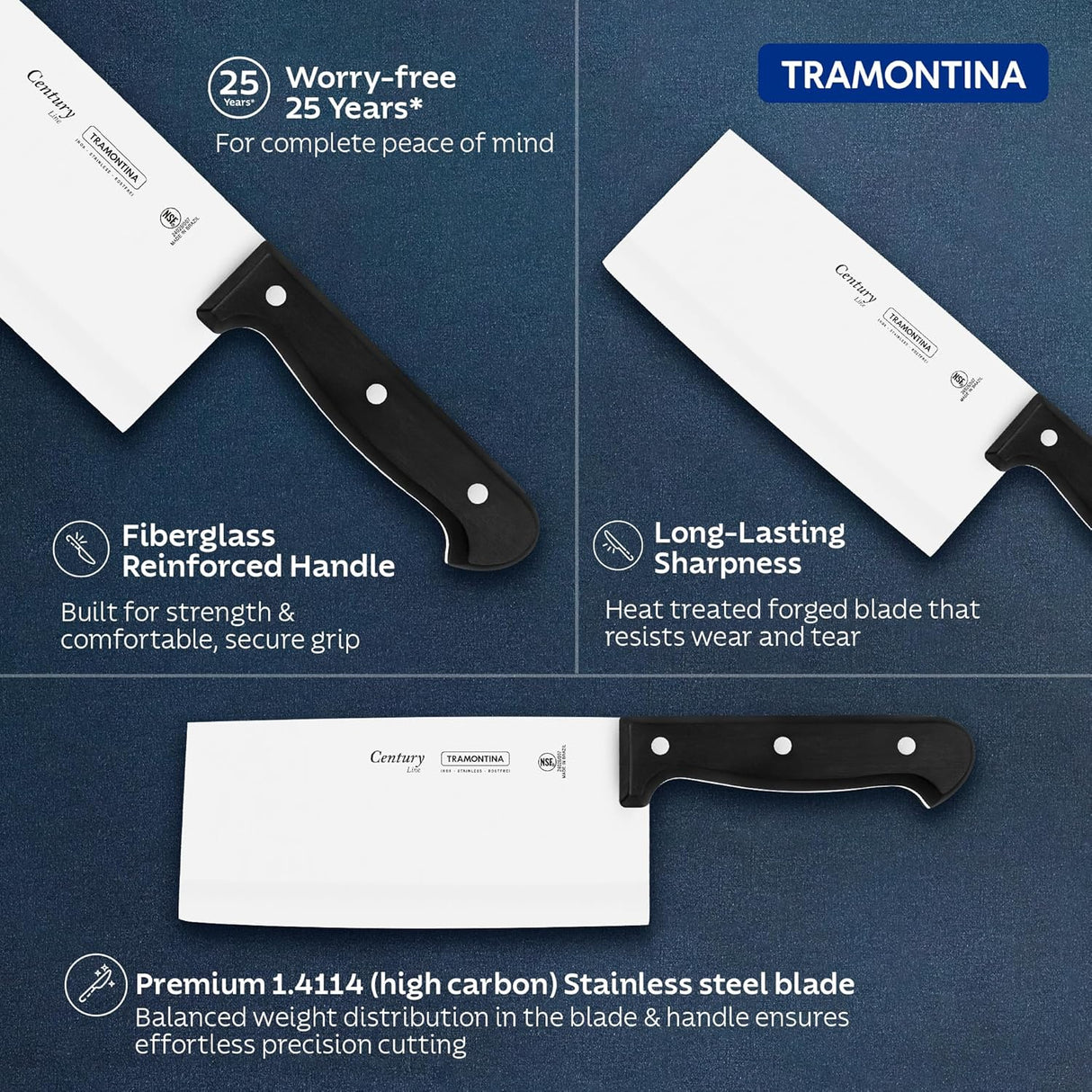 Tramontina India 7-inch stainless steel cleaver knife with a sturdy handle, ideal for chopping and heavy-duty kitchen tasks.