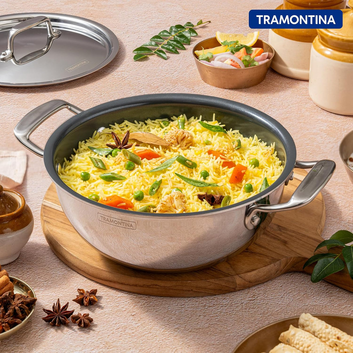 Tramontina India Fusao EX+ 28cm ceramic stainless steel deep Kadai with lid, 5.9L capacity, extra deep tri-ply cookware.