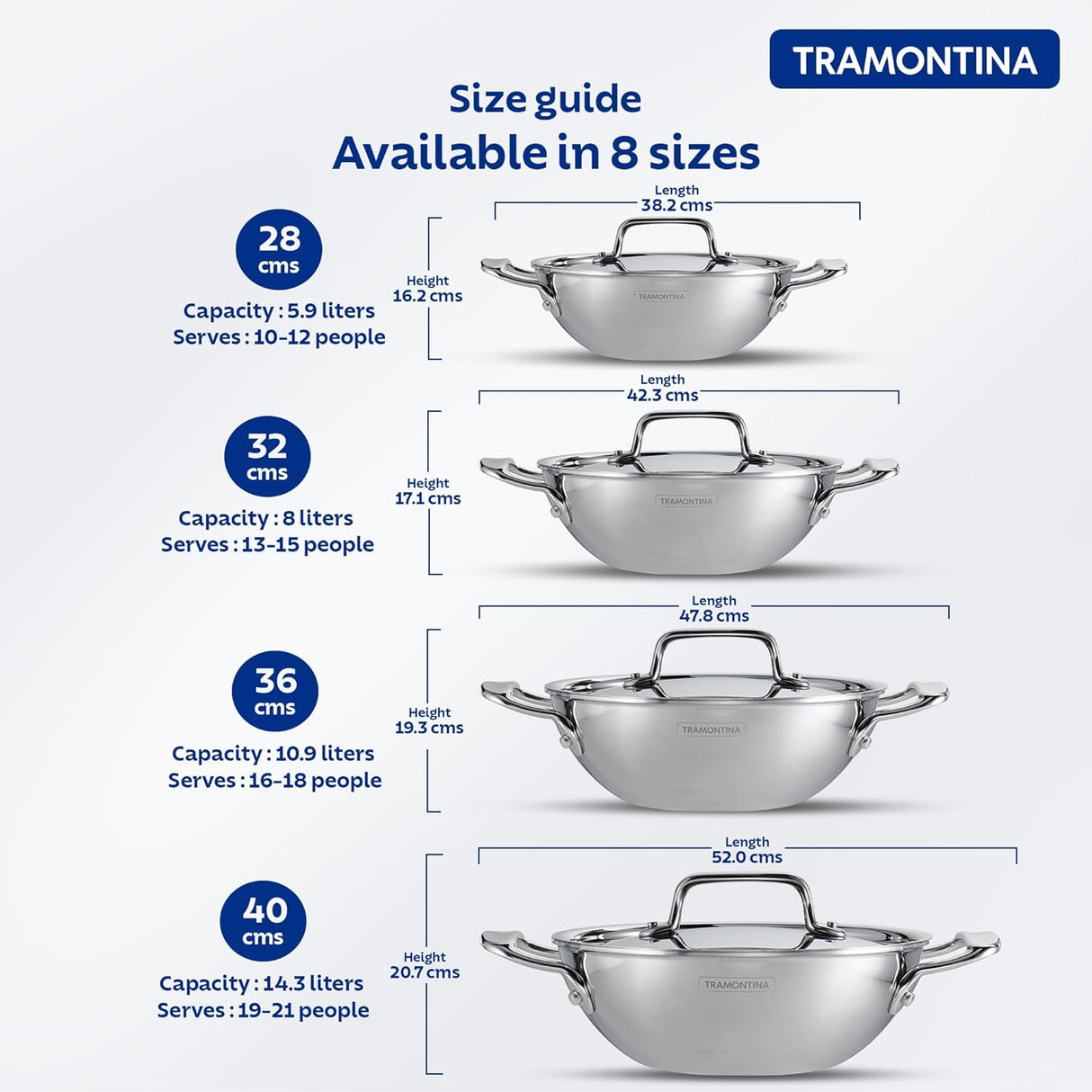 Tramontina India Fusao EX+ 28cm ceramic and stainless steel deep Kadai with lid, 5.9L capacity, extra deep design