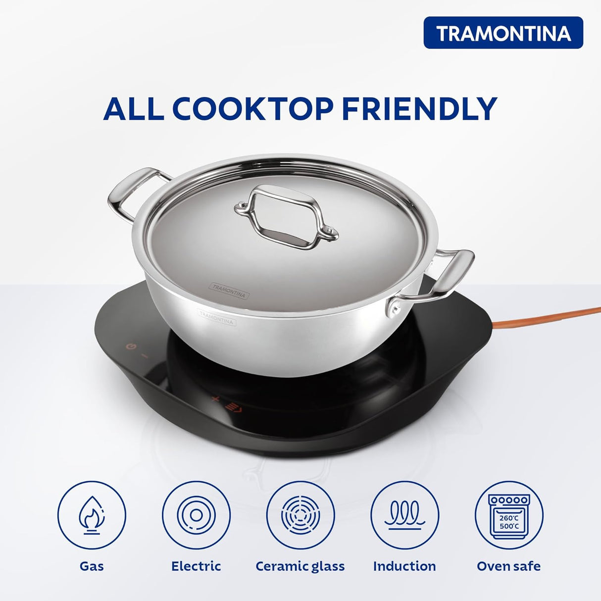 Tramontina India Fusao EX+ 26cm ceramic stainless steel tri-ply deep Kadai with lid, 4.7L capacity, showing the cookware and lid.