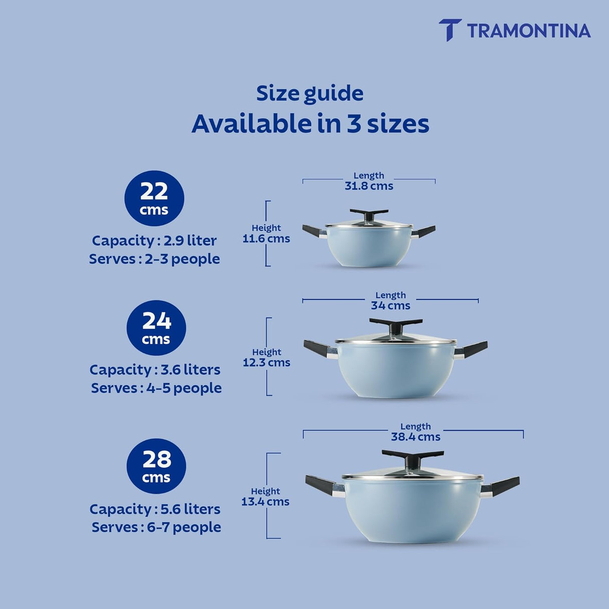 Tramontina India Aura 22cm non-stick deep kadai with ceramic coating and glass lid in blueberry color.