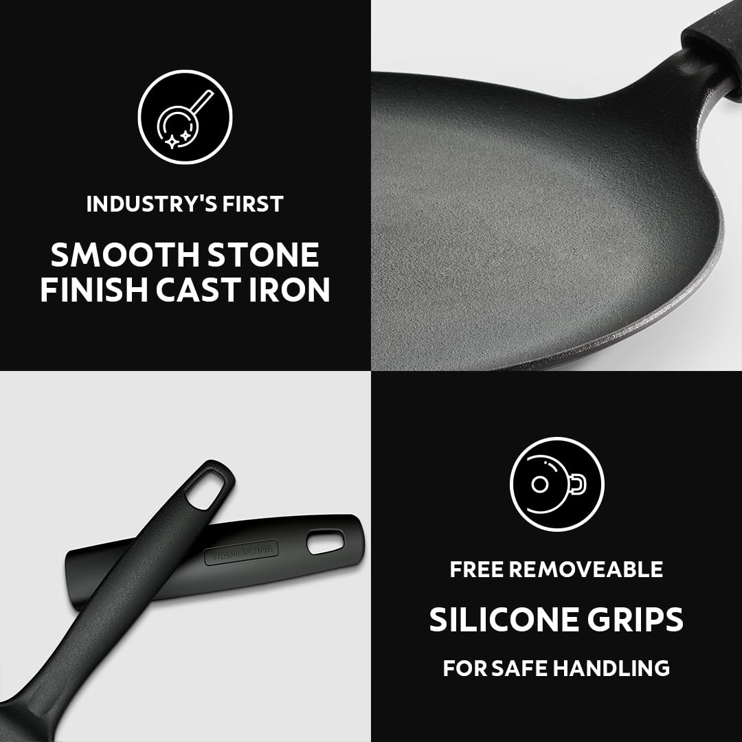 Tramontina India 28cm pre-seasoned cast iron dosa tawa with heat-resistant silicone grip on a wooden surface.