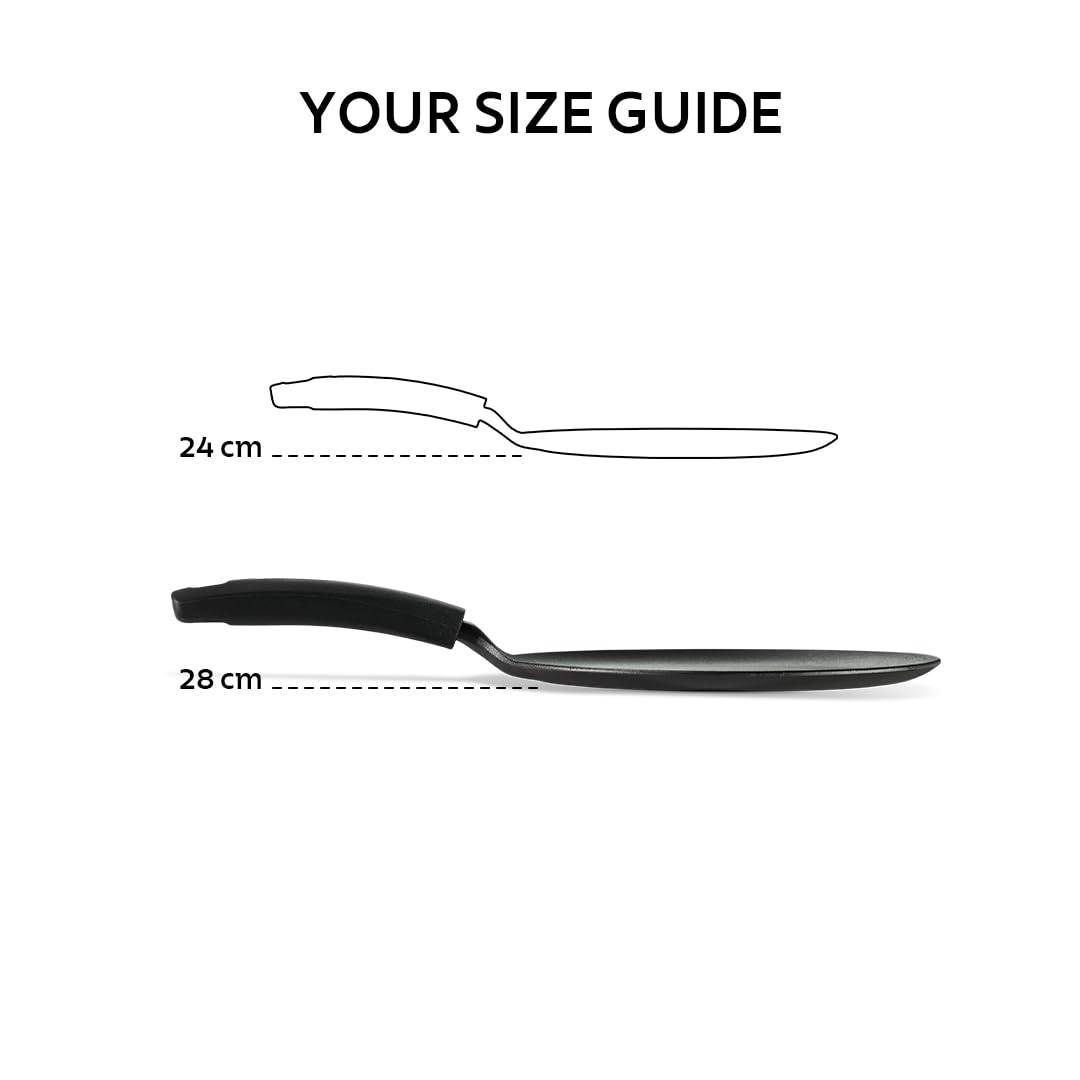 Pre-seasoned 28cm cast iron dosa tawa by Tramontina India, featuring a heat-resistant silicone grip for easy handling.