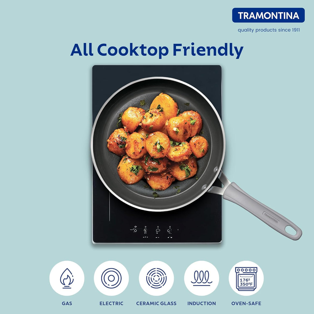 Tramontina India Velo Forged 20 cm Sand Fry Pan showing its non-stick surface and ergonomic handle.