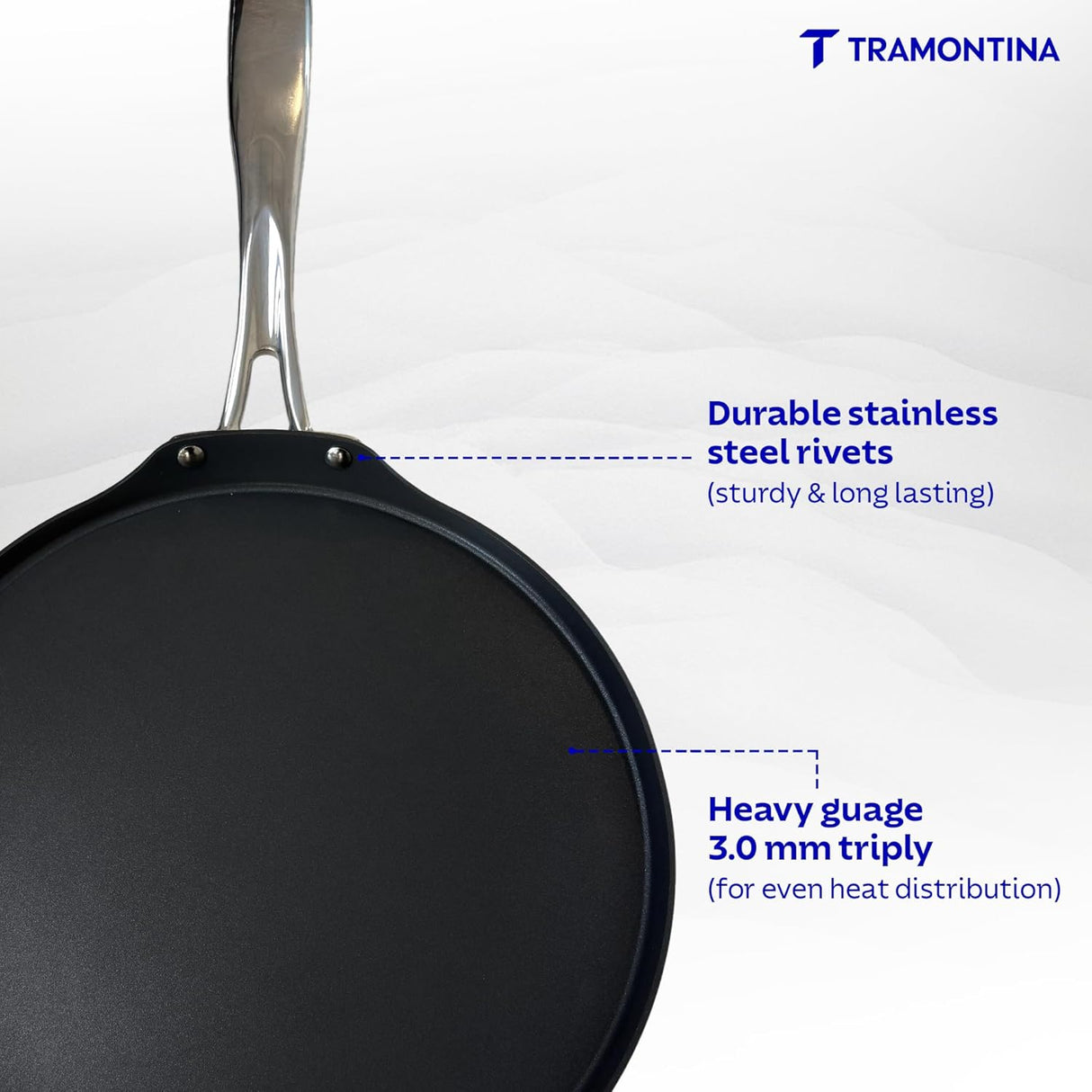 Fusao Ceramic reinforced 32cm Dosa Tawa by Tramontina India with 3mm thickness, featuring a non-stick ceramic surface.