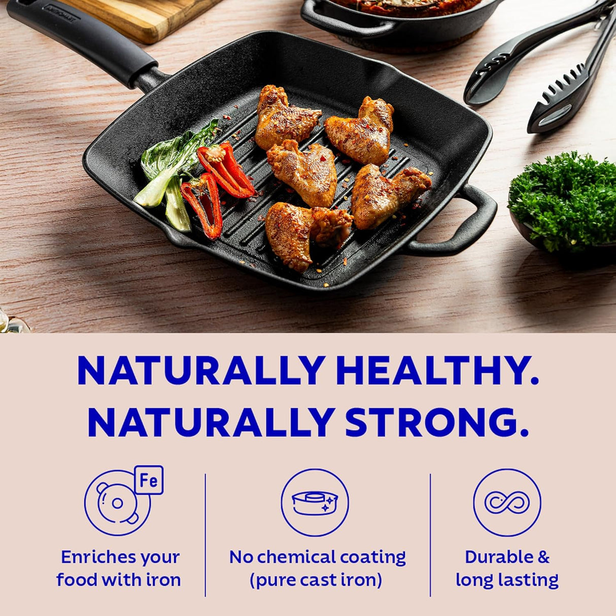 Tramontina India 27cm pre-seasoned cast iron grill pan with heat resistant silicone grip, showcasing its durable design and surface.