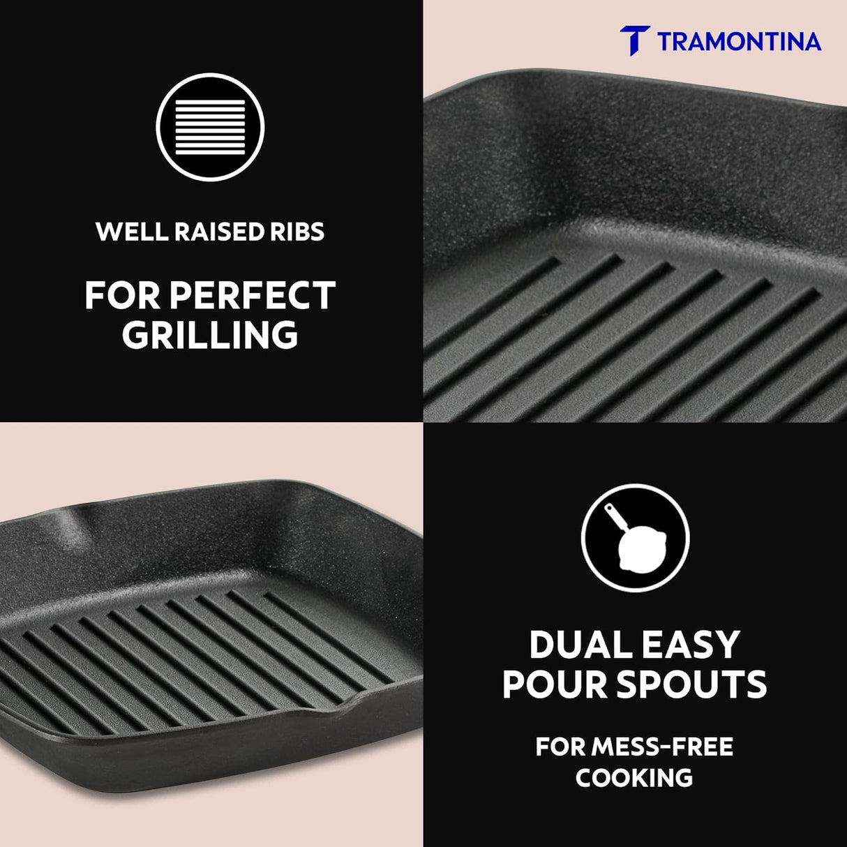 Tramontina India Titanex 27cm pre-seasoned cast iron grill pan with heat-resistant silicone grip on a kitchen countertop.