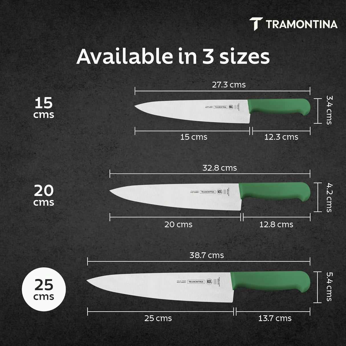 Green Tramontina India 15cm chef knife for professional meat cutting, featuring a 6-inch blade and ergonomic design.