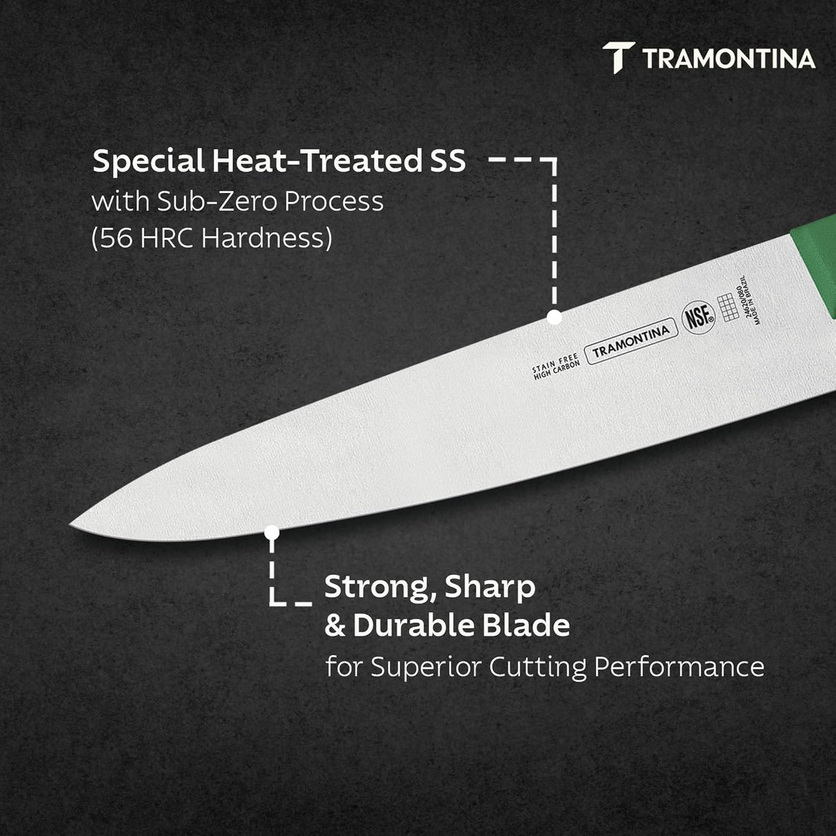 Green Tramontina India 15cm professional chef knife with ergonomic handle, ideal for precise meat cutting and kitchen prep.