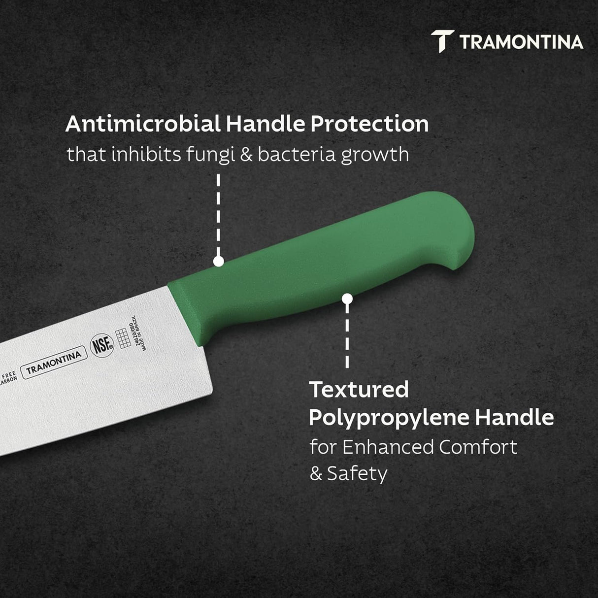 Green Tramontina India 15cm chef knife with ergonomic handle, ideal for professional meat and culinary prep.