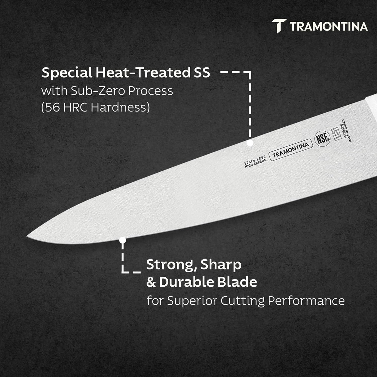 White 15 cm Tramontina India chef knife with a sharp blade, ideal for professional meat cutting and culinary prep.