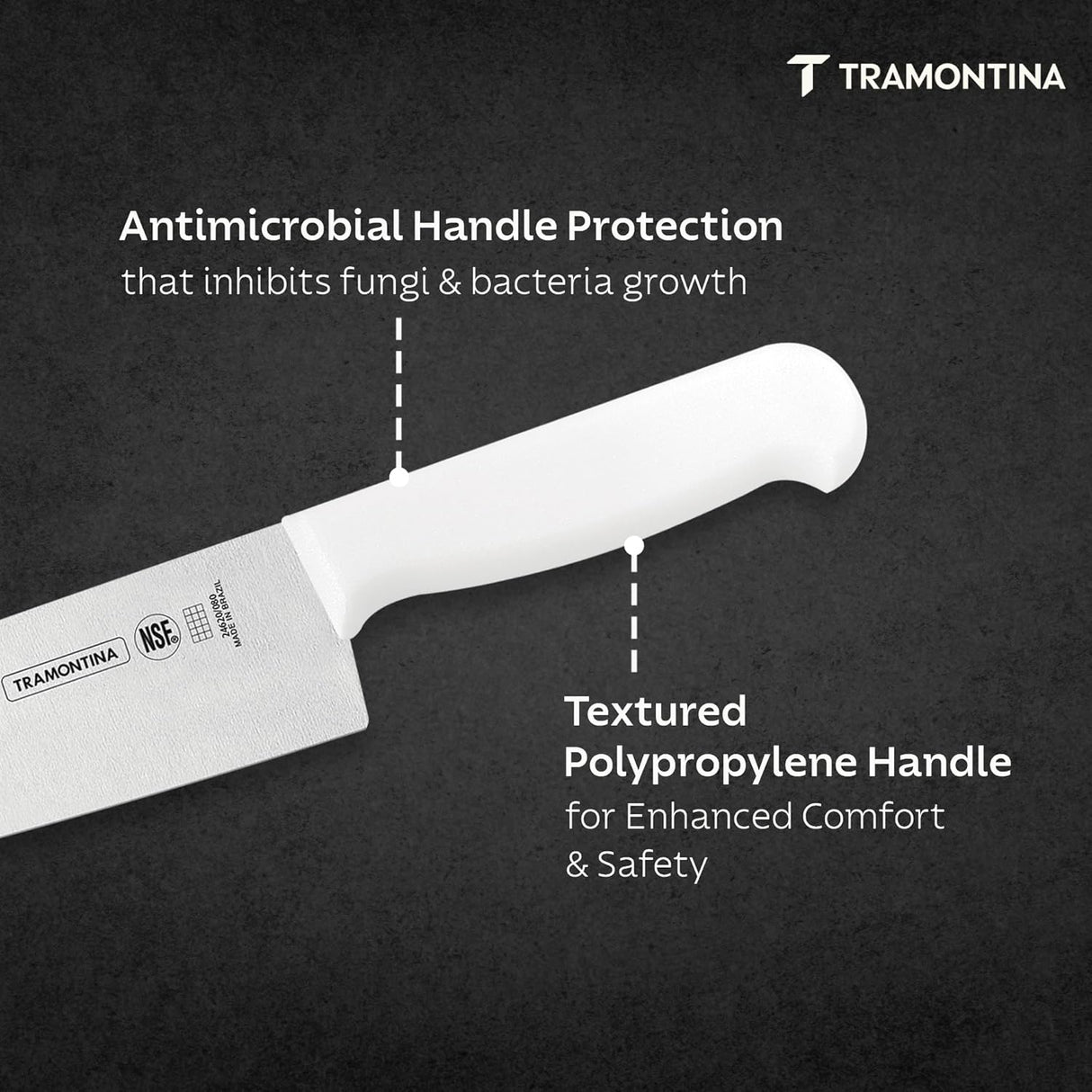 White 15cm Tramontina India chef knife with stainless steel blade, ideal for professional meat and culinary prep.