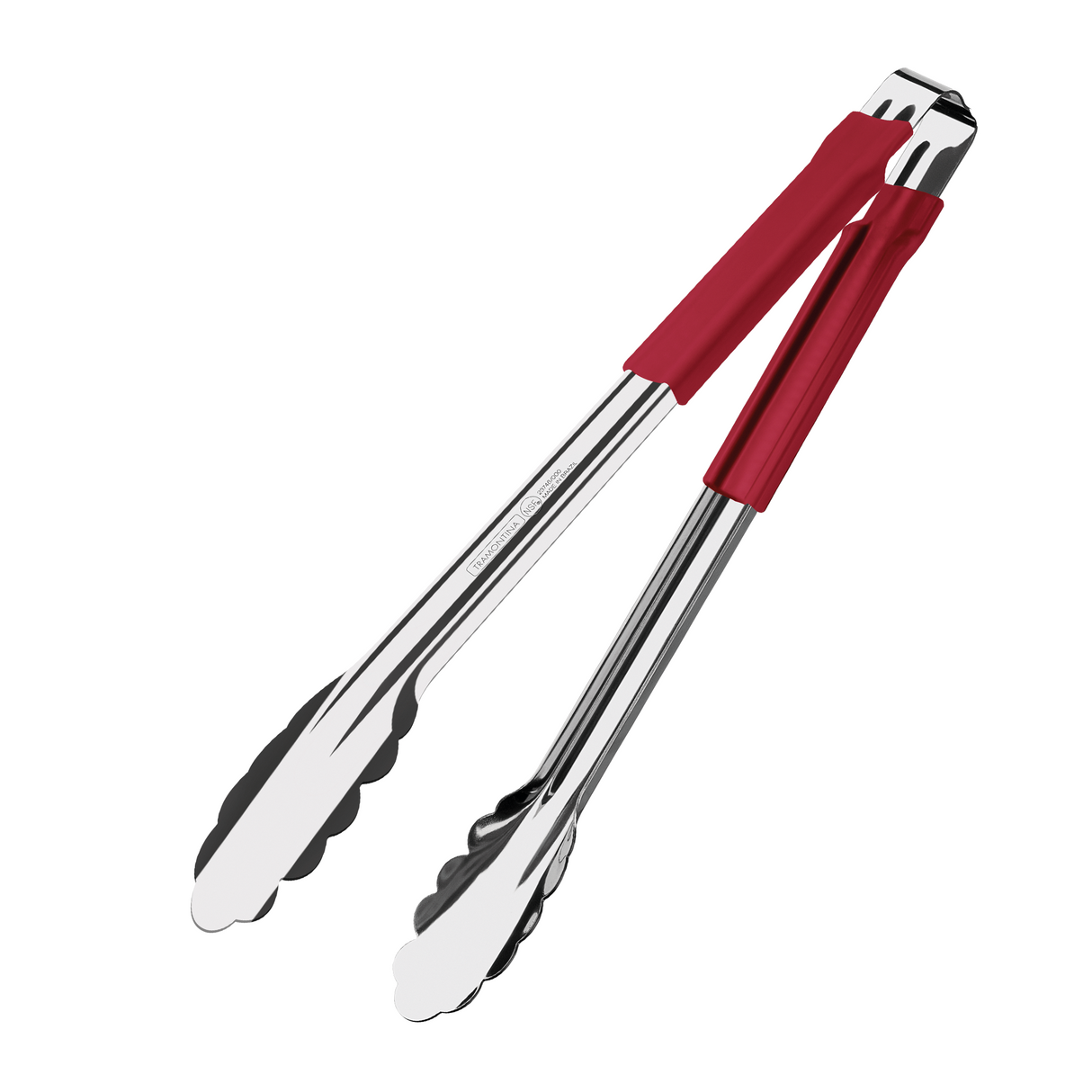 Tramontina India stainless steel multiuse tongs with red rubber handle, 30 cm long, ideal for cooking and serving.