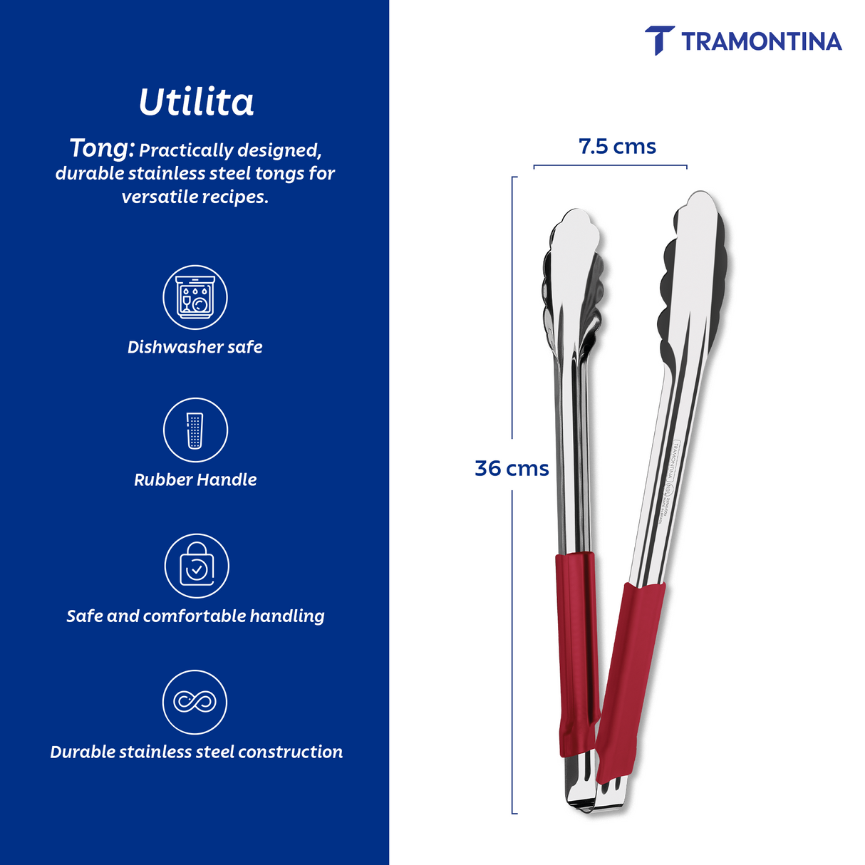 Stainless steel Tramontina India multiuse tongs with red rubber handle, 30 cm long for grilling, serving, and cooking.