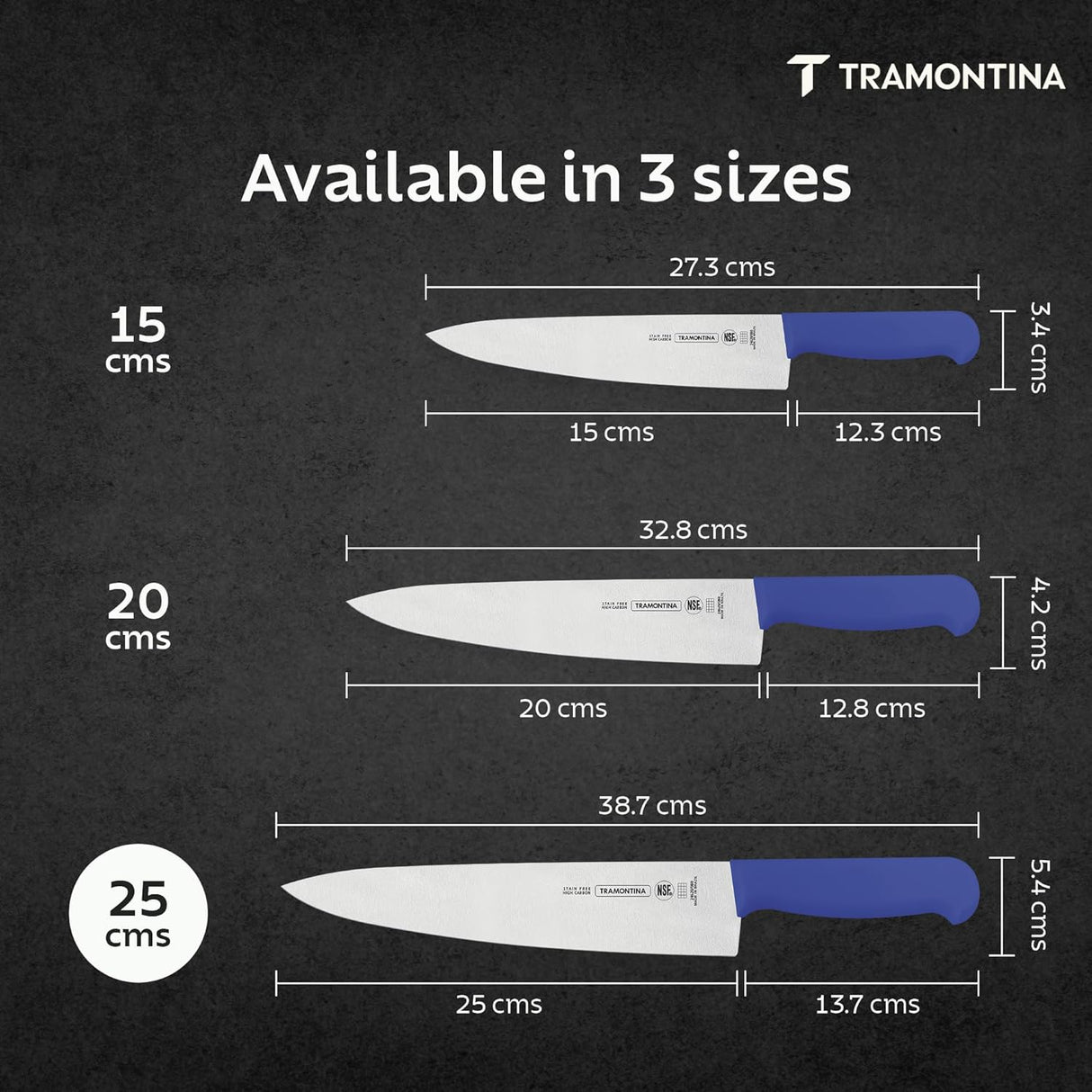 Blue Tramontina India 25cm professional chef knife with sharp blade for precise meat and culinary cutting tasks.
