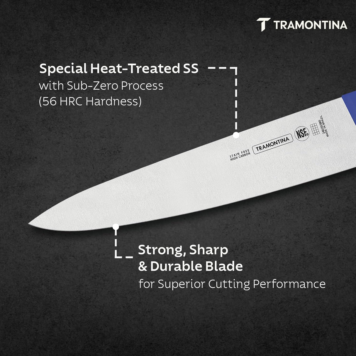 Blue 25cm Tramontina India professional chef knife with a stainless steel blade and ergonomic handle for precise cutting.