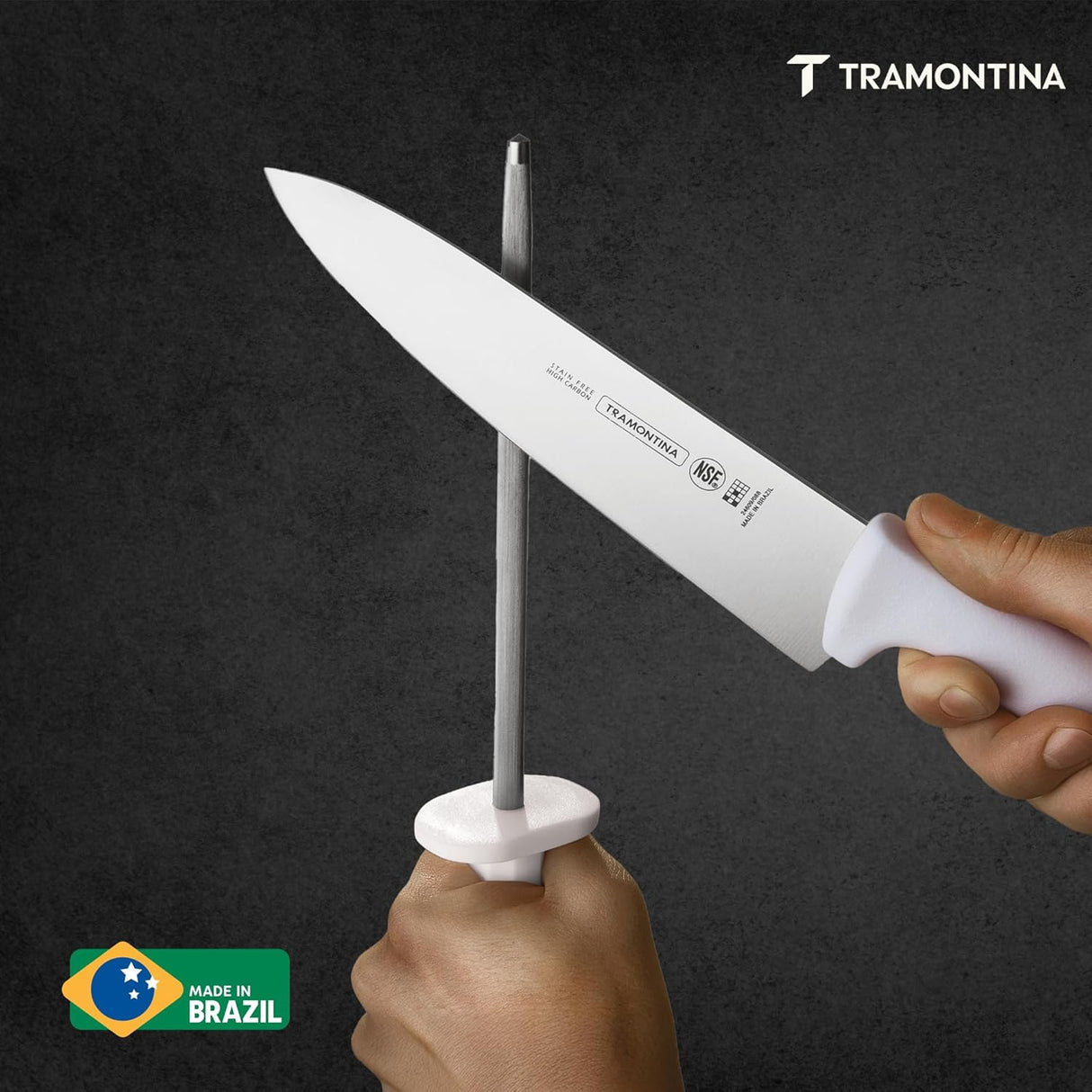 White Tramontina India professional sharpener, 20 cm (8 inches), with a sleek design and easy-to-use manual sharpening mechanism.